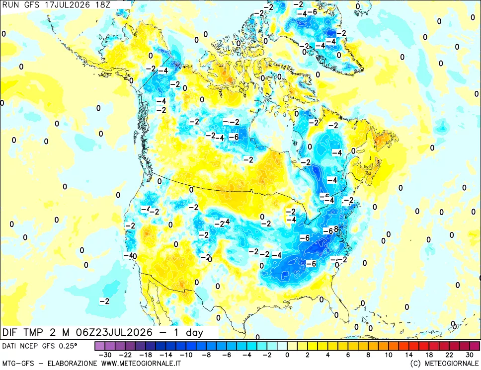mappa Dif. Temp a 2 metri Valid - 1 day