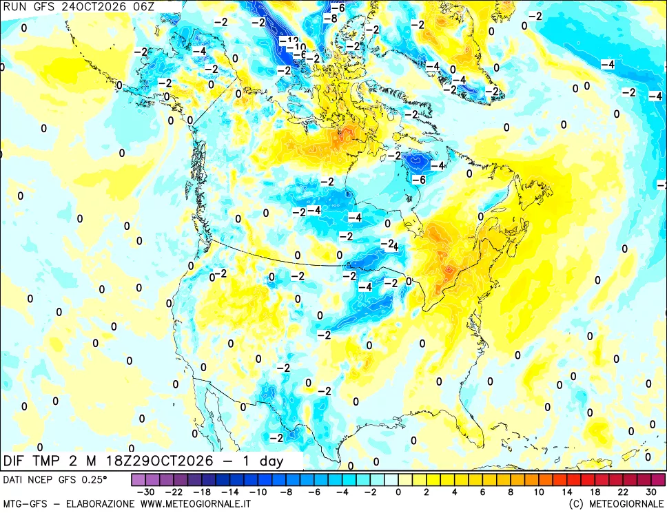 mappa Dif. Temp a 2 metri Valid - 1 day