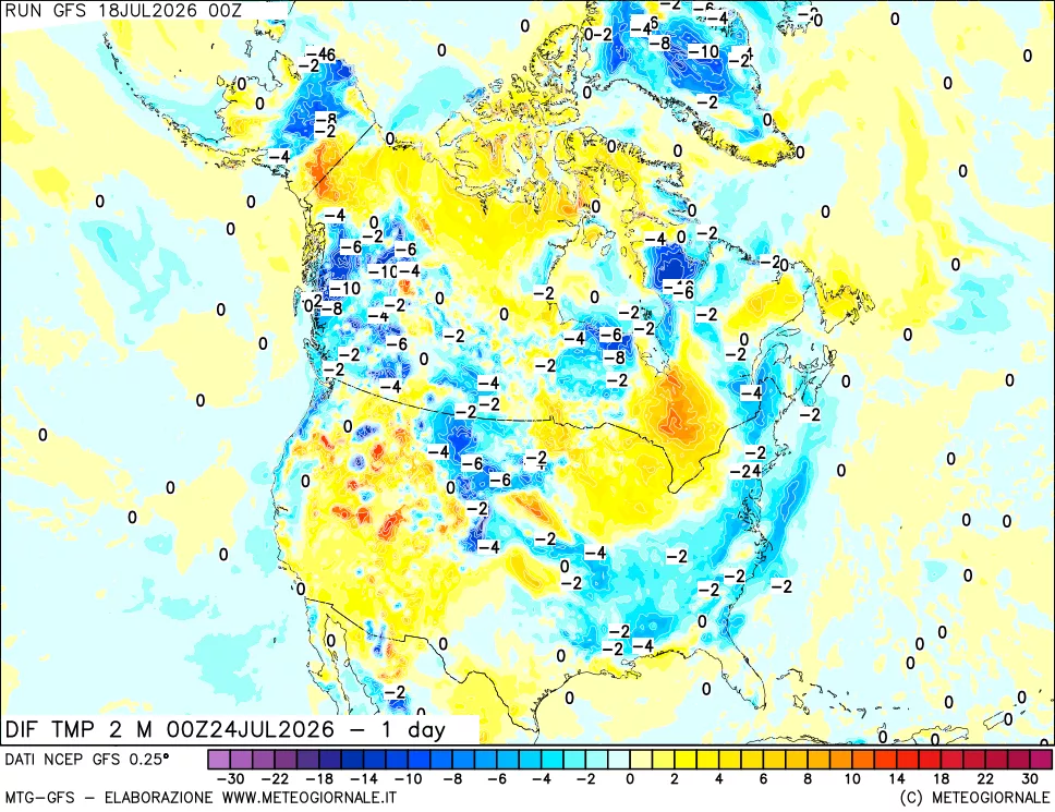 mappa Dif. Temp a 2 metri Valid - 1 day