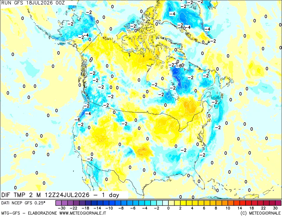mappa Dif. Temp a 2 metri Valid - 1 day