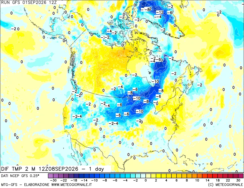 mappa Dif. Temp a 2 metri Valid - 1 day