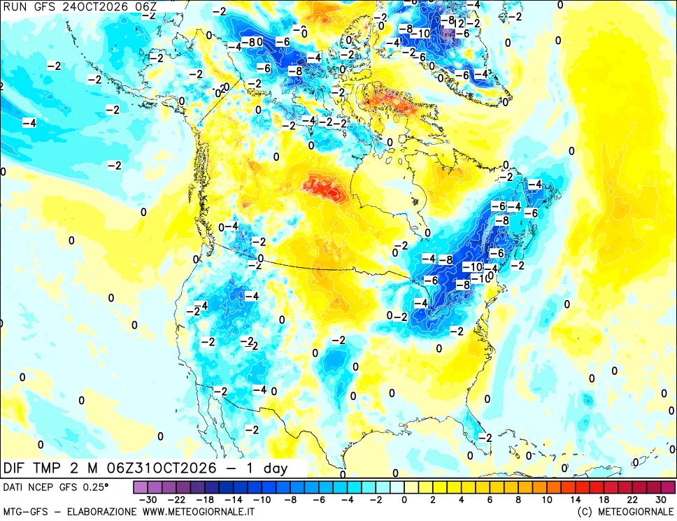 mappa Dif. Temp a 2 metri Valid - 1 day
