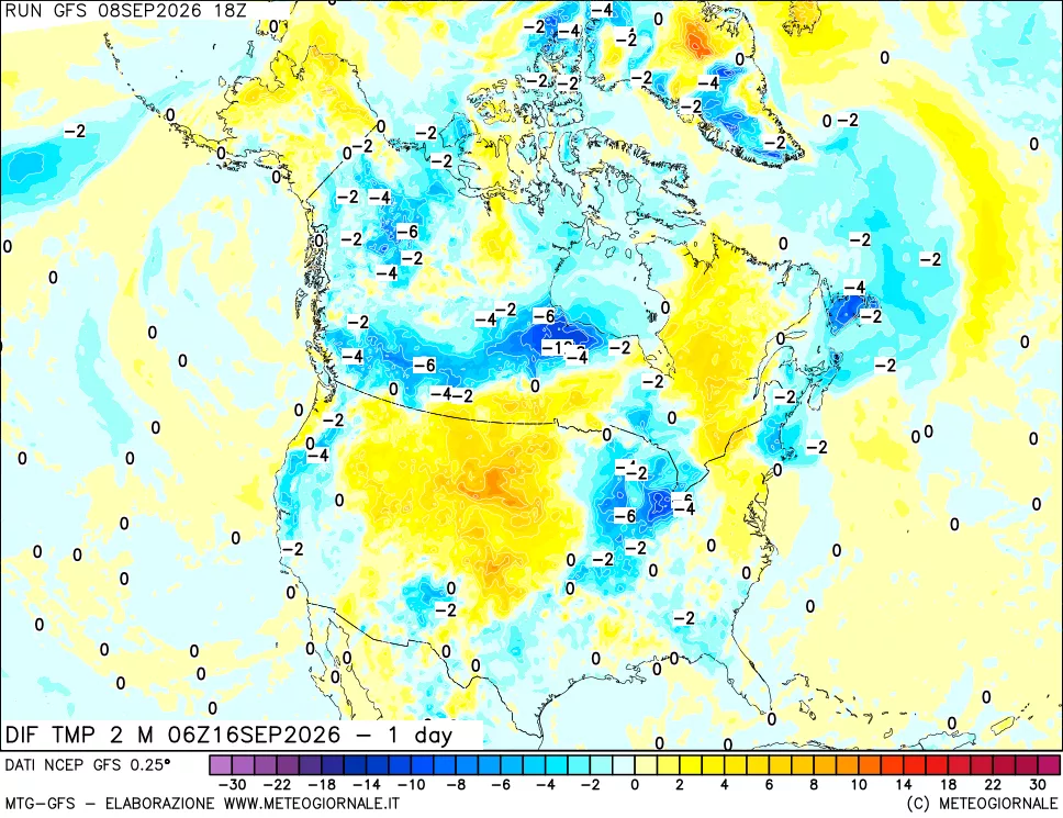 mappa Dif. Temp a 2 metri Valid - 1 day