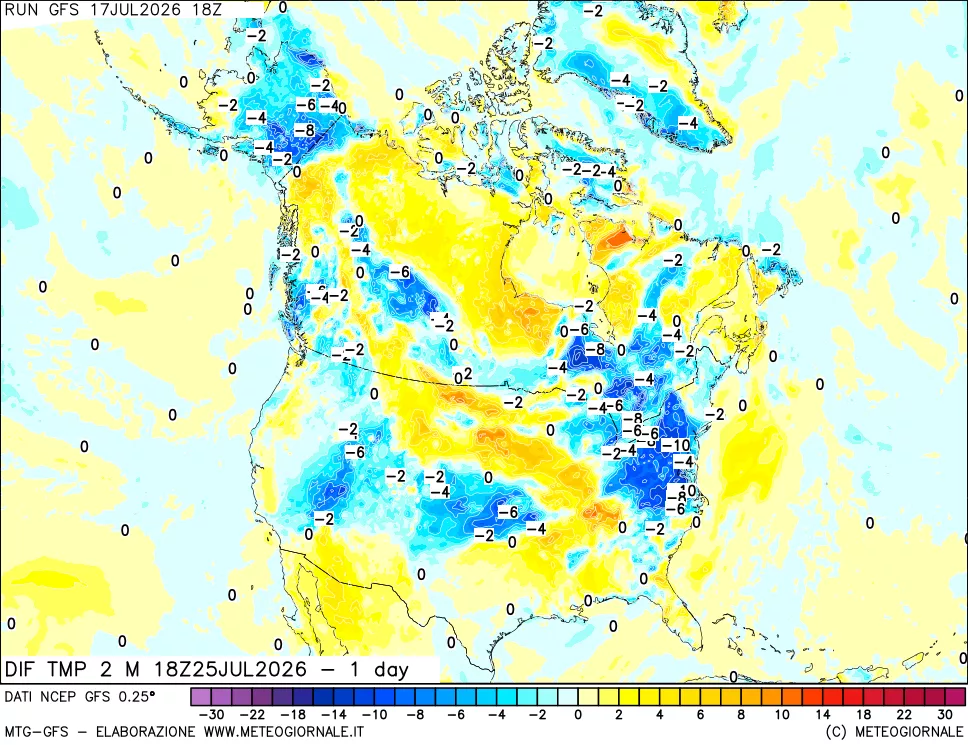mappa Dif. Temp a 2 metri Valid - 1 day