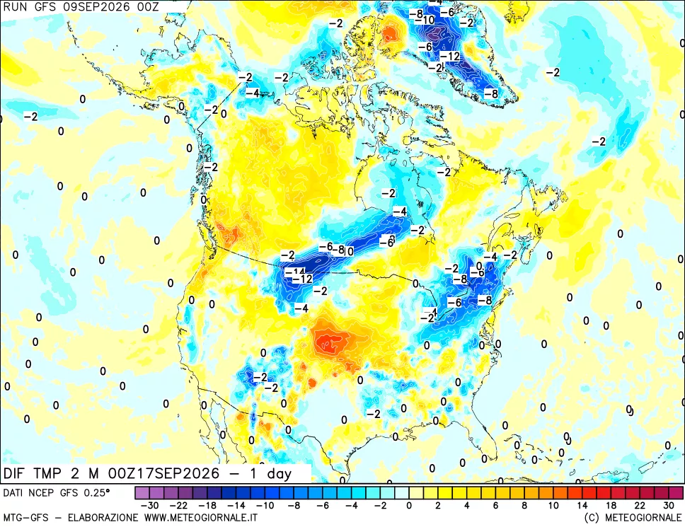 mappa Dif. Temp a 2 metri Valid - 1 day