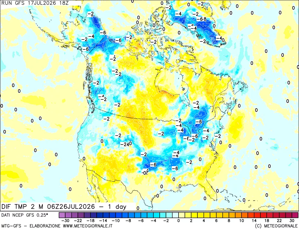 mappa Dif. Temp a 2 metri Valid - 1 day