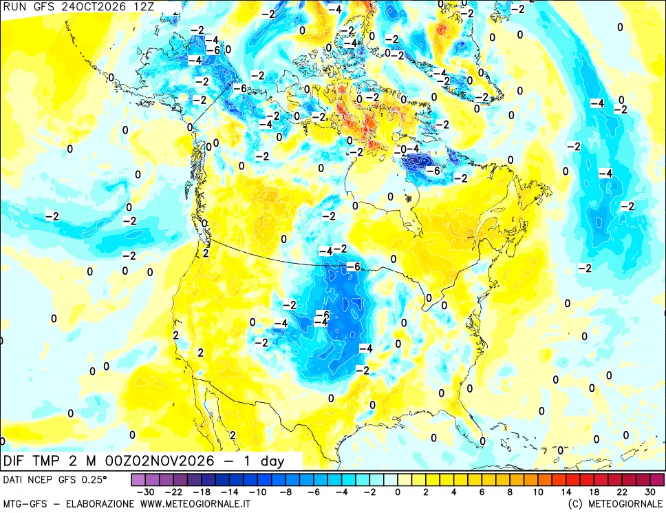 mappa Dif. Temp a 2 metri Valid - 1 day