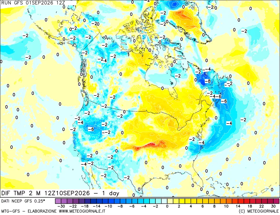 mappa Dif. Temp a 2 metri Valid - 1 day