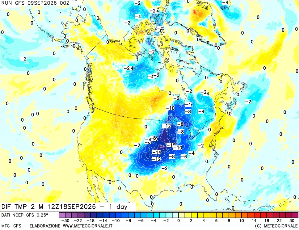 mappa Dif. Temp a 2 metri Valid - 1 day