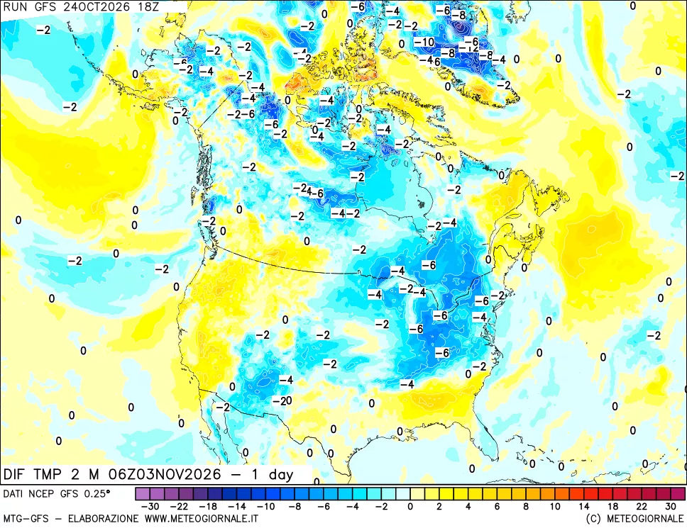 mappa Dif. Temp a 2 metri Valid - 1 day