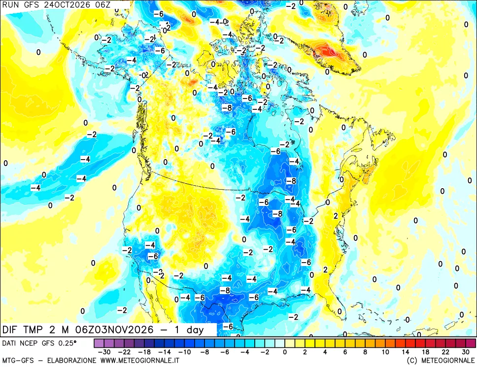 mappa Dif. Temp a 2 metri Valid - 1 day