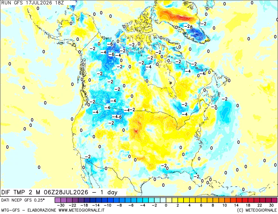 mappa Dif. Temp a 2 metri Valid - 1 day