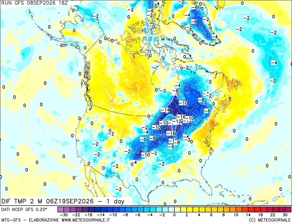 mappa Dif. Temp a 2 metri Valid - 1 day