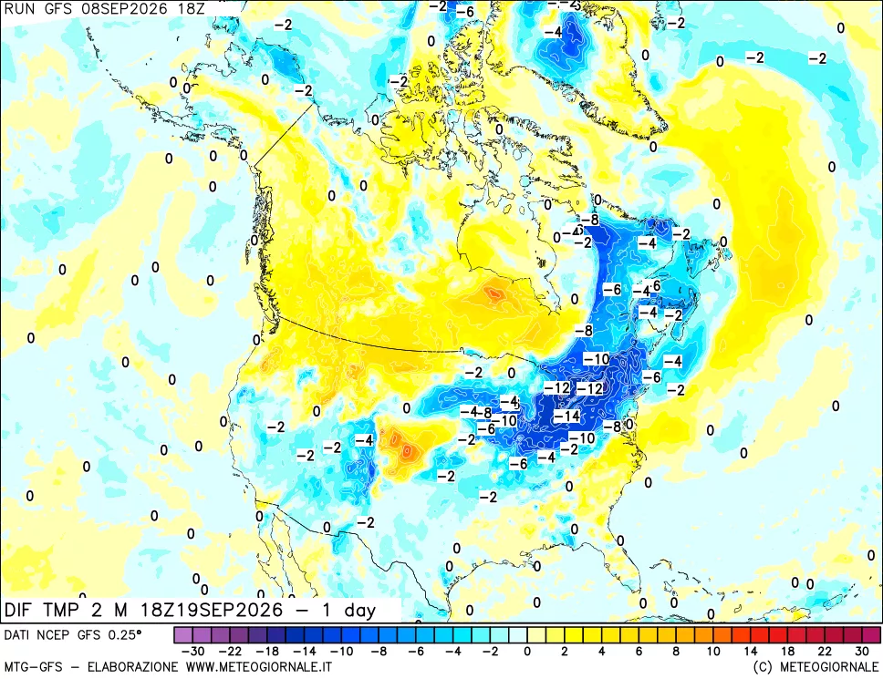 mappa Dif. Temp a 2 metri Valid - 1 day