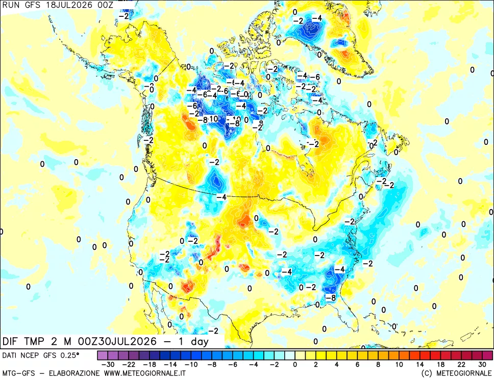 mappa Dif. Temp a 2 metri Valid - 1 day