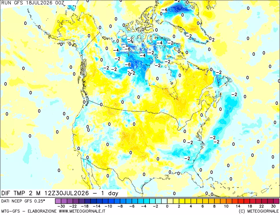mappa Dif. Temp a 2 metri Valid - 1 day