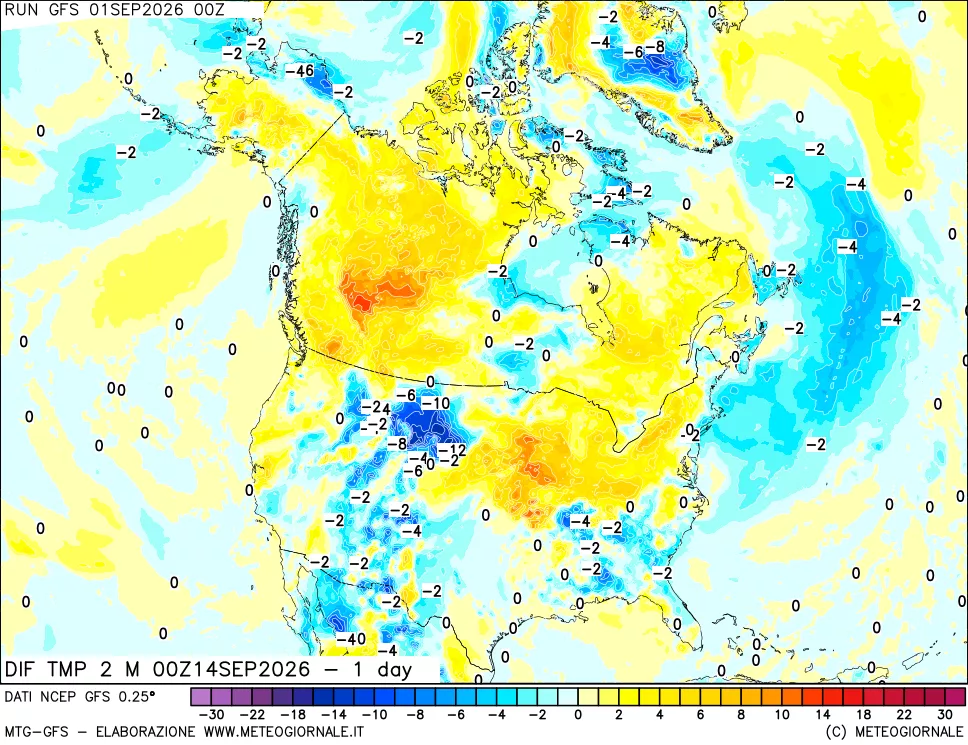 mappa Dif. Temp a 2 metri Valid - 1 day