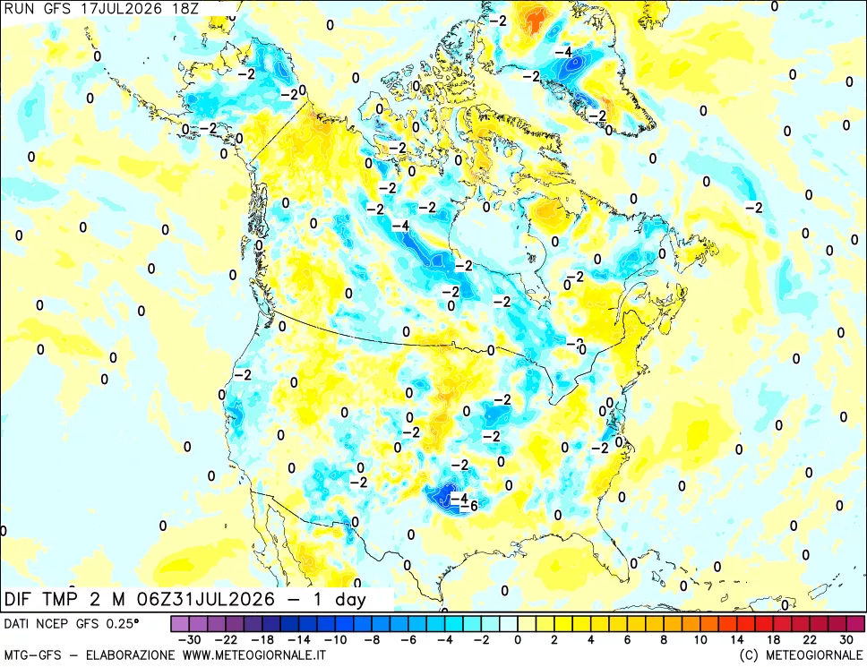 mappa Dif. Temp a 2 metri Valid - 1 day