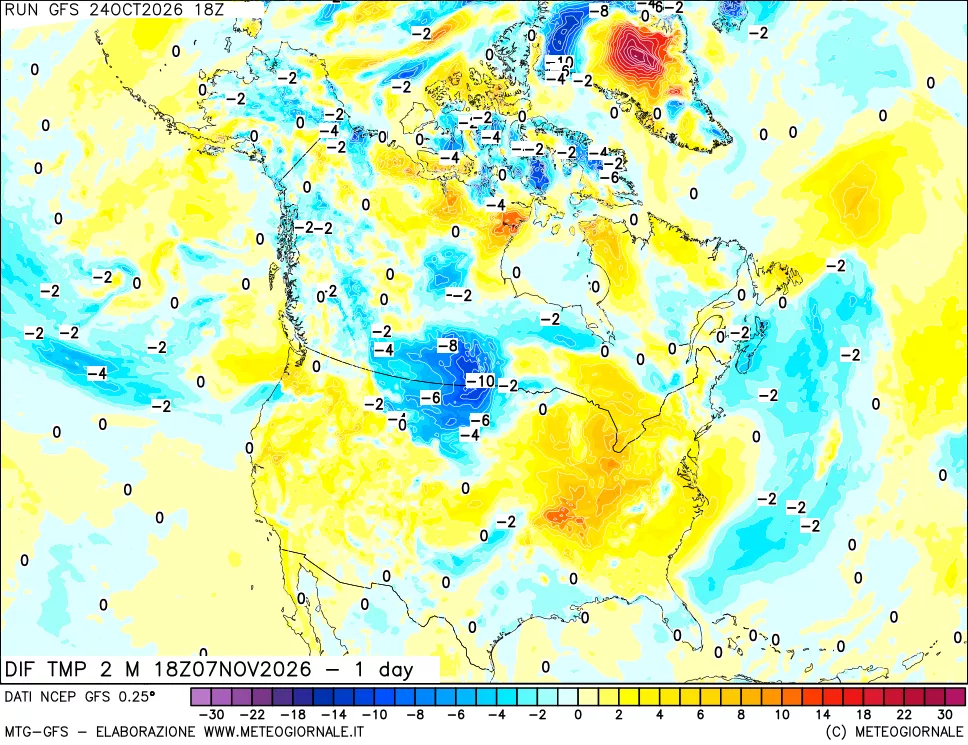 mappa Dif. Temp a 2 metri Valid - 1 day