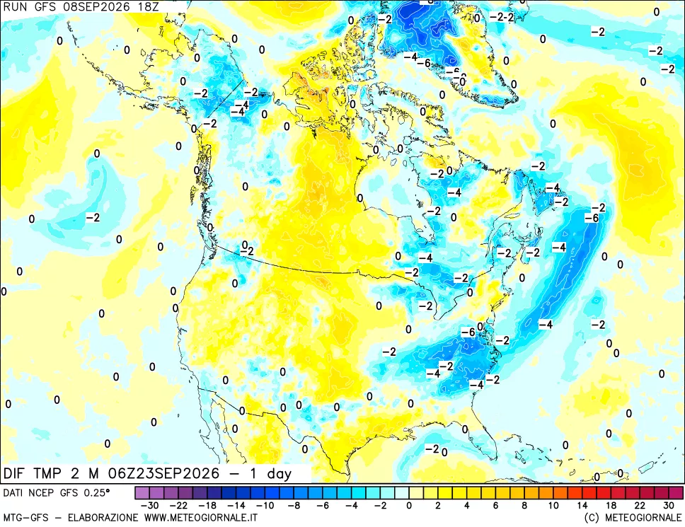 mappa Dif. Temp a 2 metri Valid - 1 day