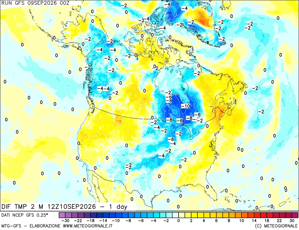 mappa Dif. Temp a 2 metri Valid - 1 day