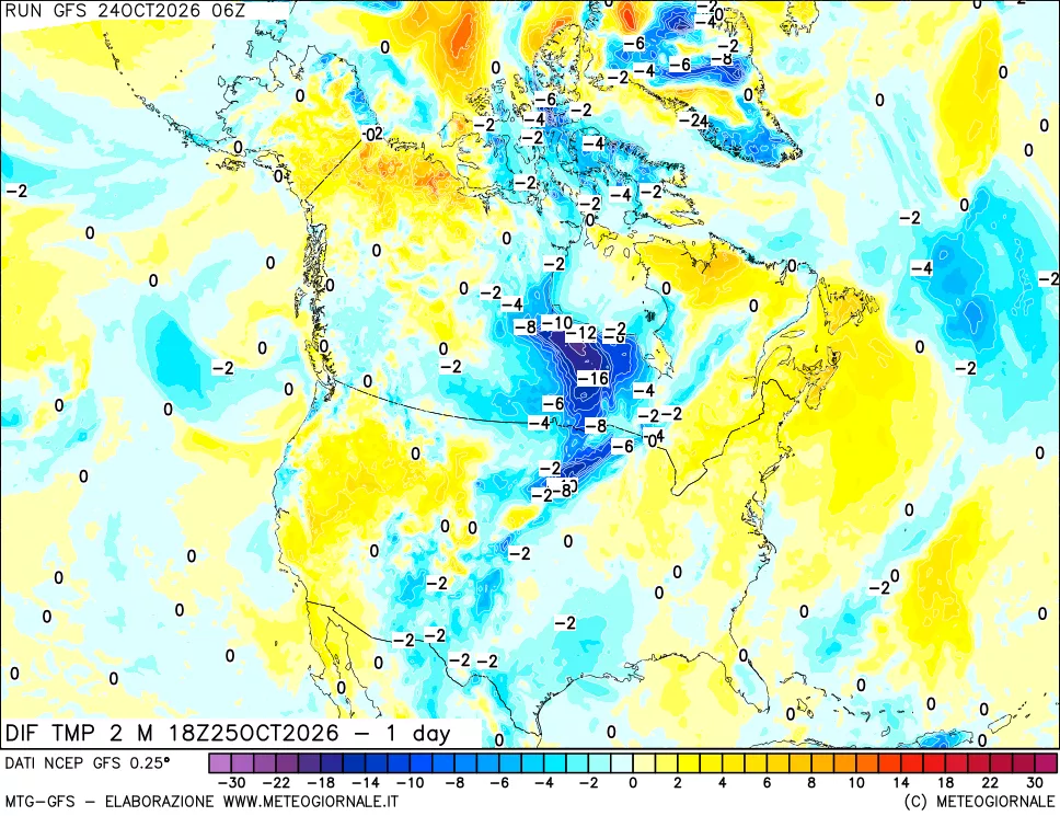mappa Dif. Temp a 2 metri Valid - 1 day