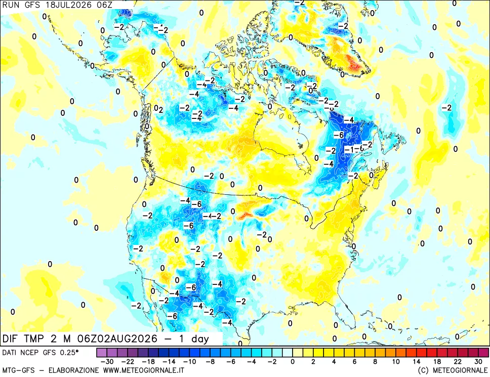 mappa Dif. Temp a 2 metri Valid - 1 day