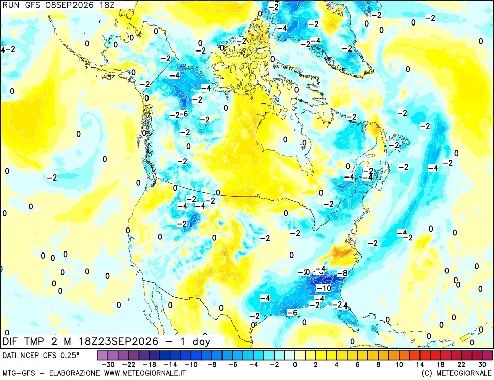 mappa Dif. Temp a 2 metri Valid - 1 day