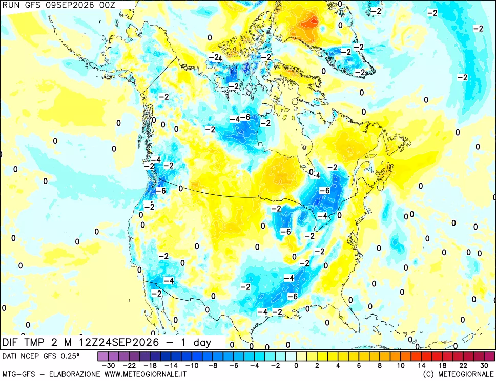 mappa Dif. Temp a 2 metri Valid - 1 day