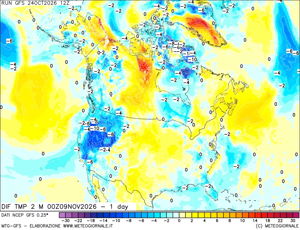 mappa Dif. Temp a 2 metri Valid - 1 day