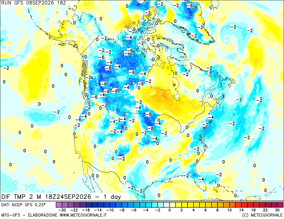 mappa Dif. Temp a 2 metri Valid - 1 day