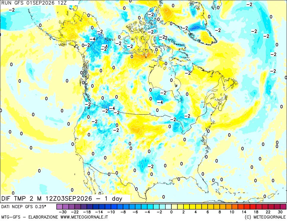 mappa Dif. Temp a 2 metri Valid - 1 day
