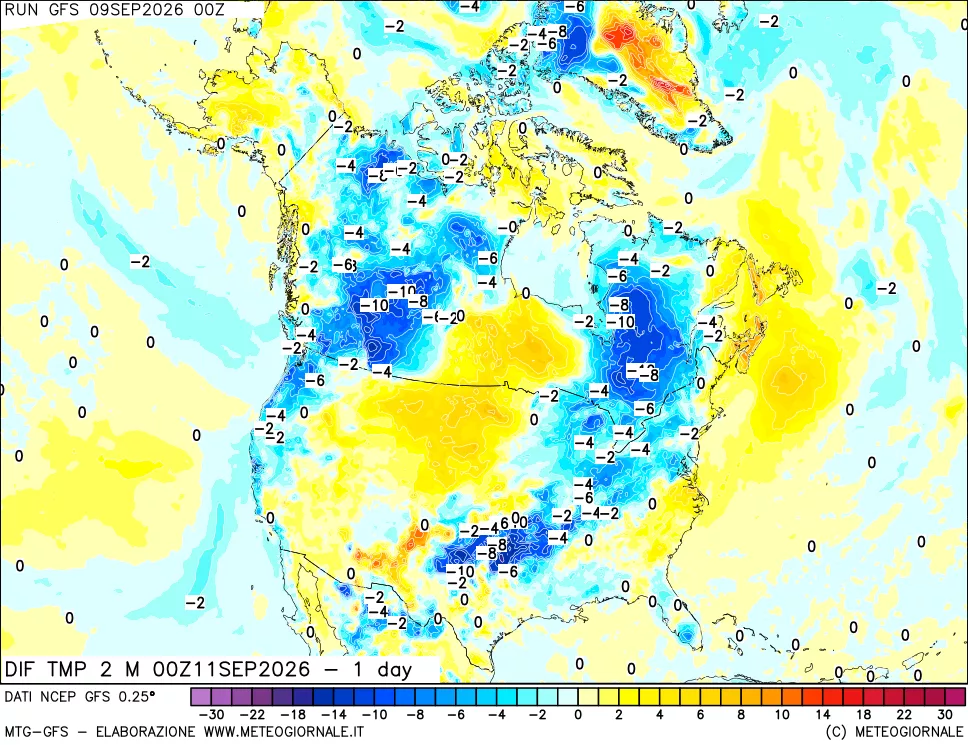 mappa Dif. Temp a 2 metri Valid - 1 day