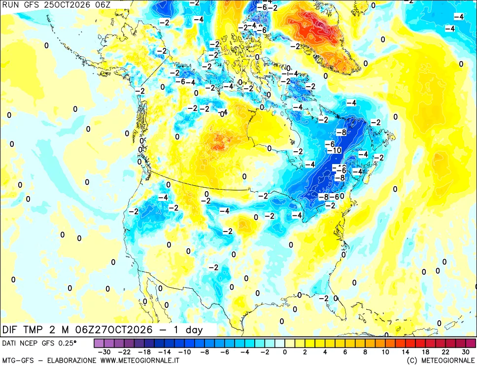 mappa Dif. Temp a 2 metri Valid - 1 day