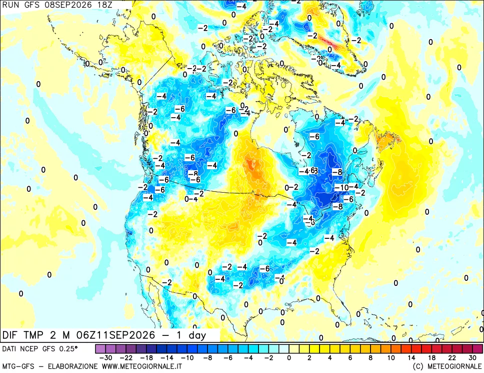 mappa Dif. Temp a 2 metri Valid - 1 day