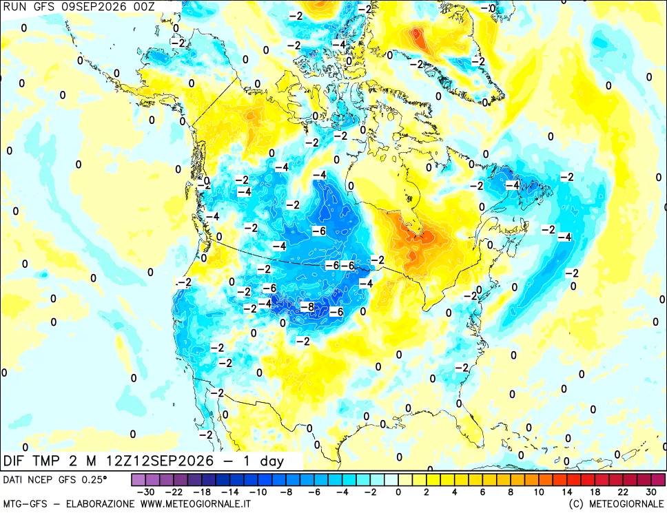 mappa Dif. Temp a 2 metri Valid - 1 day