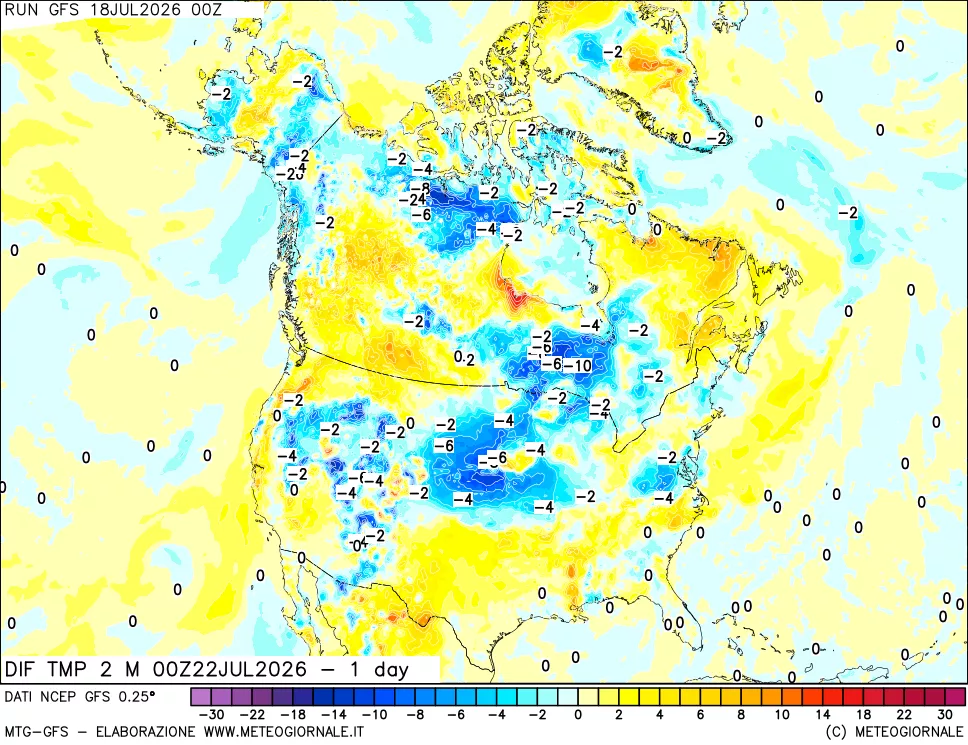 mappa Dif. Temp a 2 metri Valid - 1 day