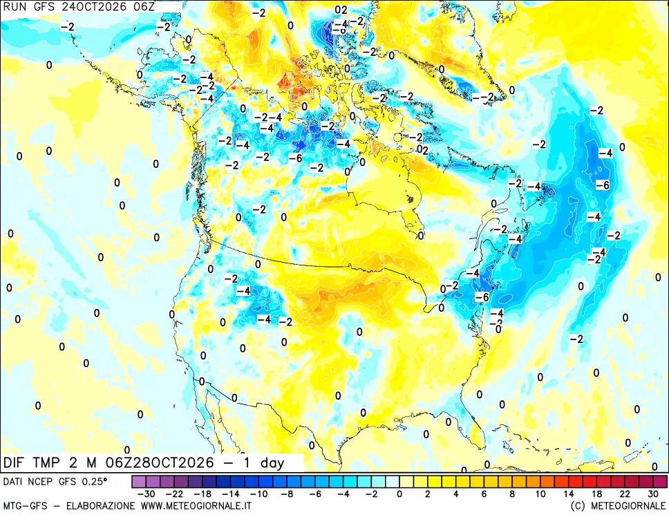 mappa Dif. Temp a 2 metri Valid - 1 day