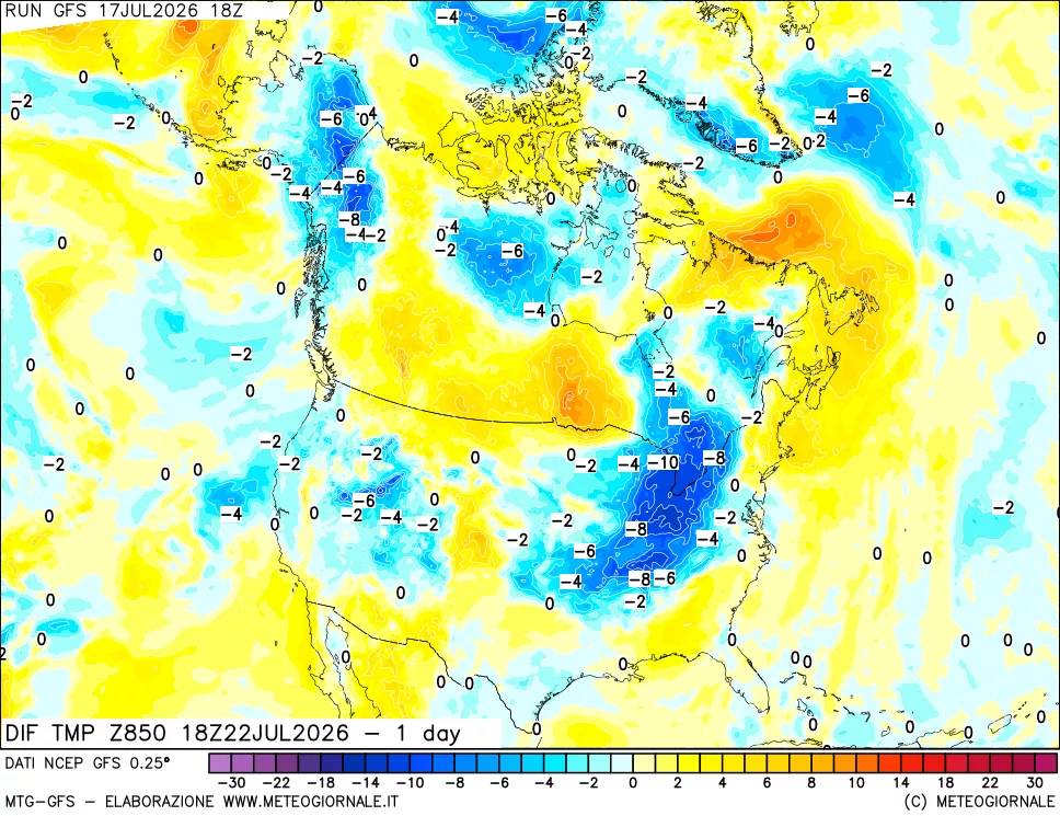 mappa Dif. Temp a 850 hPa Valid - 1 day