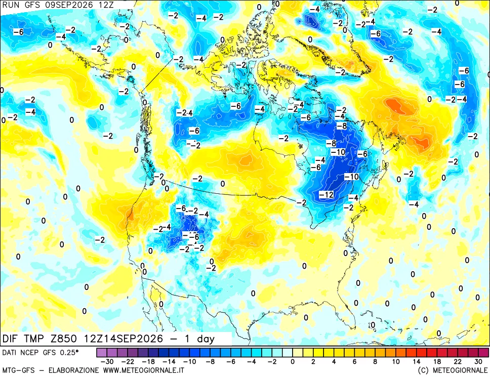 mappa Dif. Temp a 850 hPa Valid - 1 day