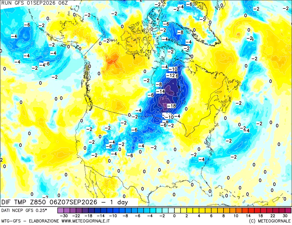 mappa Dif. Temp a 850 hPa Valid - 1 day