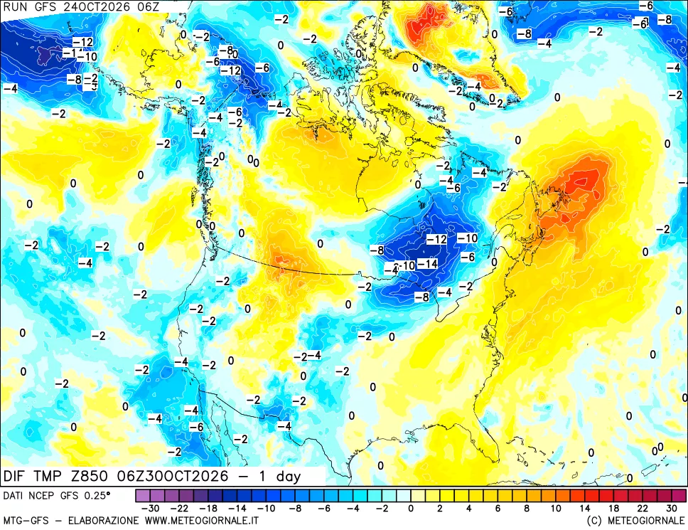 mappa Dif. Temp a 850 hPa Valid - 1 day