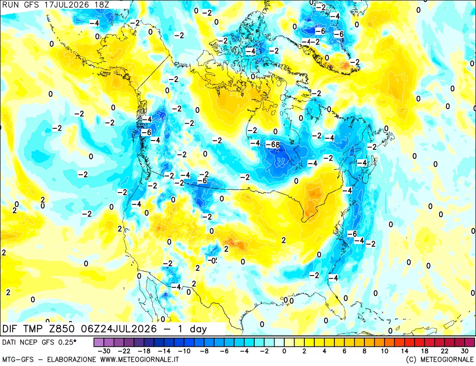mappa Dif. Temp a 850 hPa Valid - 1 day