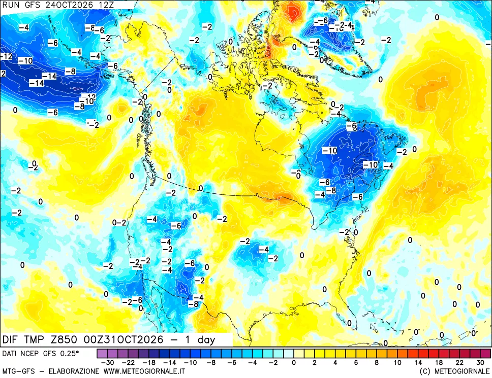 mappa Dif. Temp a 850 hPa Valid - 1 day