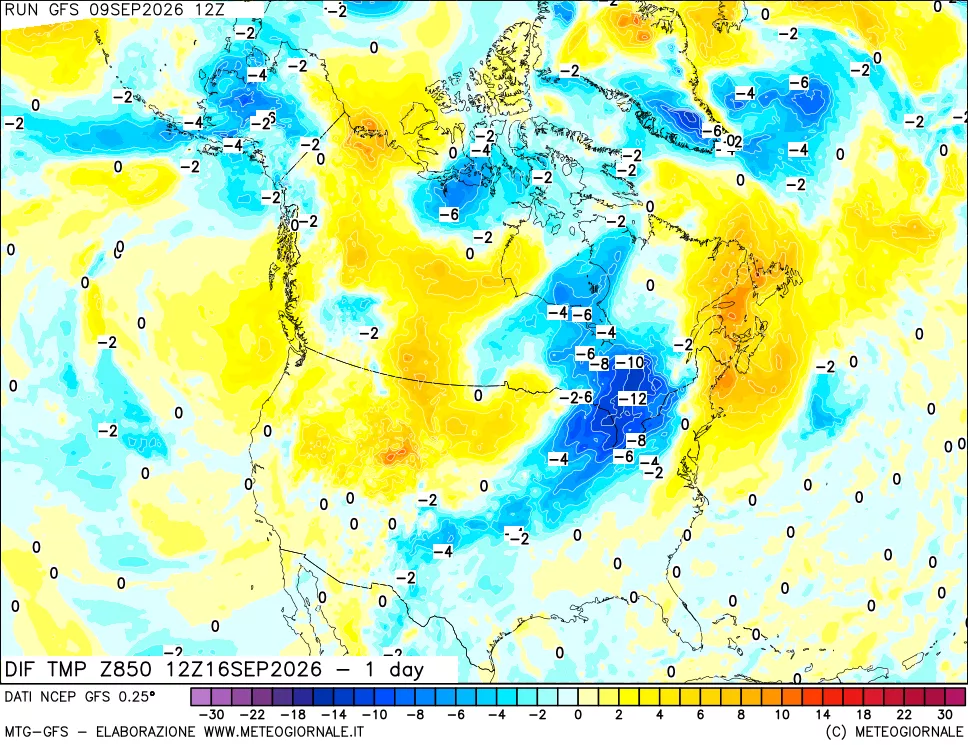 mappa Dif. Temp a 850 hPa Valid - 1 day