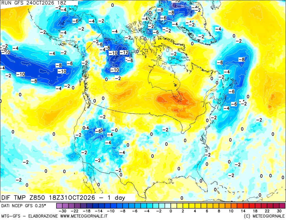 mappa Dif. Temp a 850 hPa Valid - 1 day