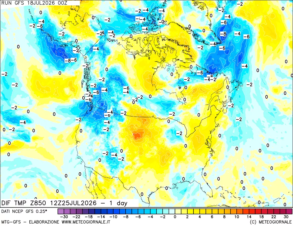 mappa Dif. Temp a 850 hPa Valid - 1 day