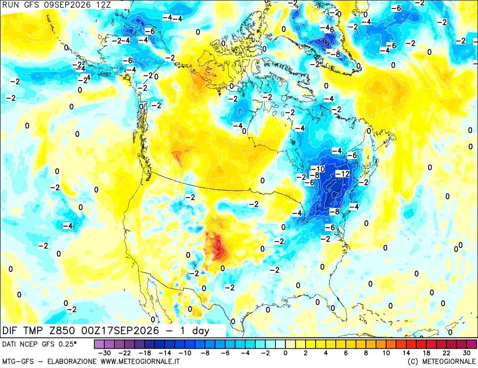 mappa Dif. Temp a 850 hPa Valid - 1 day
