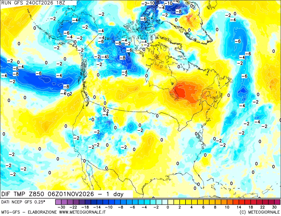 mappa Dif. Temp a 850 hPa Valid - 1 day