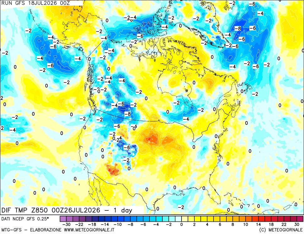 mappa Dif. Temp a 850 hPa Valid - 1 day